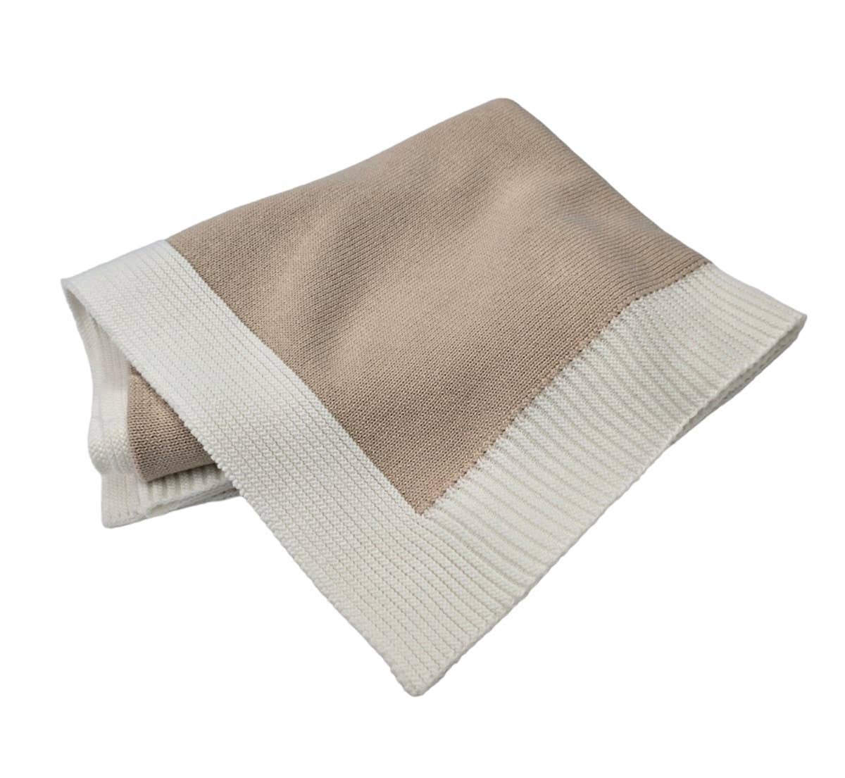 Jersey Knit Blanket with Contrast Rib Border: Oatmeal/Cream
