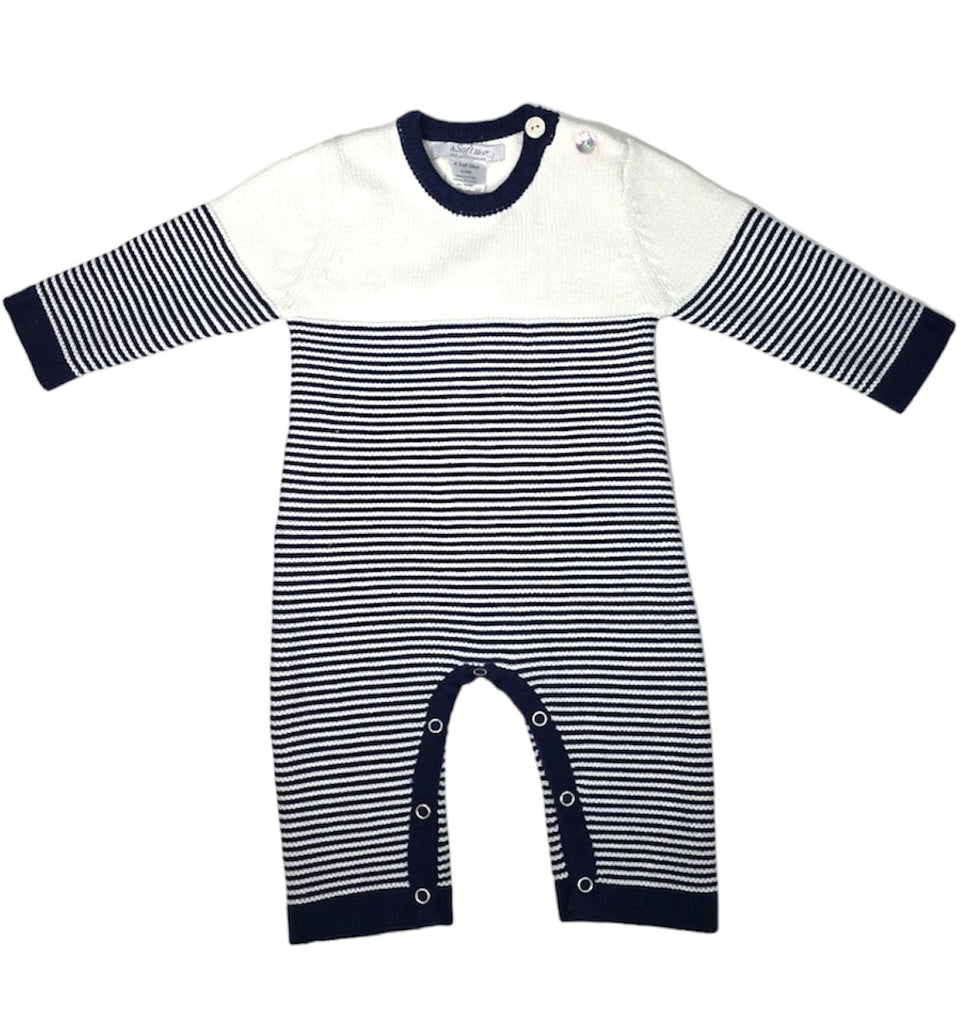 Seed Stitch Striped Cotton Onesie: Cream/Navy