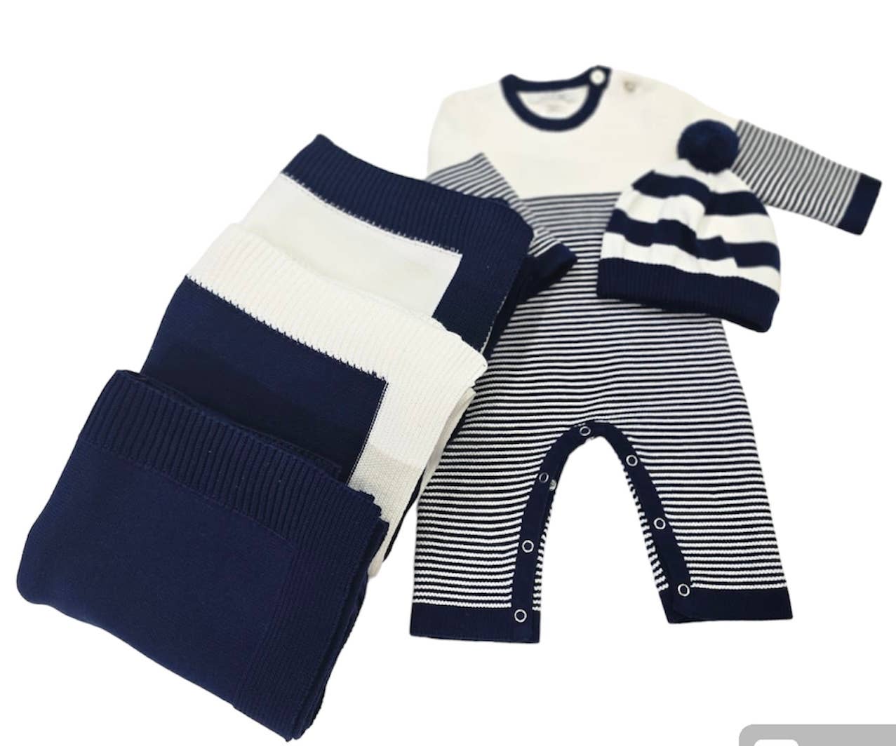 Jersey Knit Blanket with Contrast Rib Border: Navy/Cream