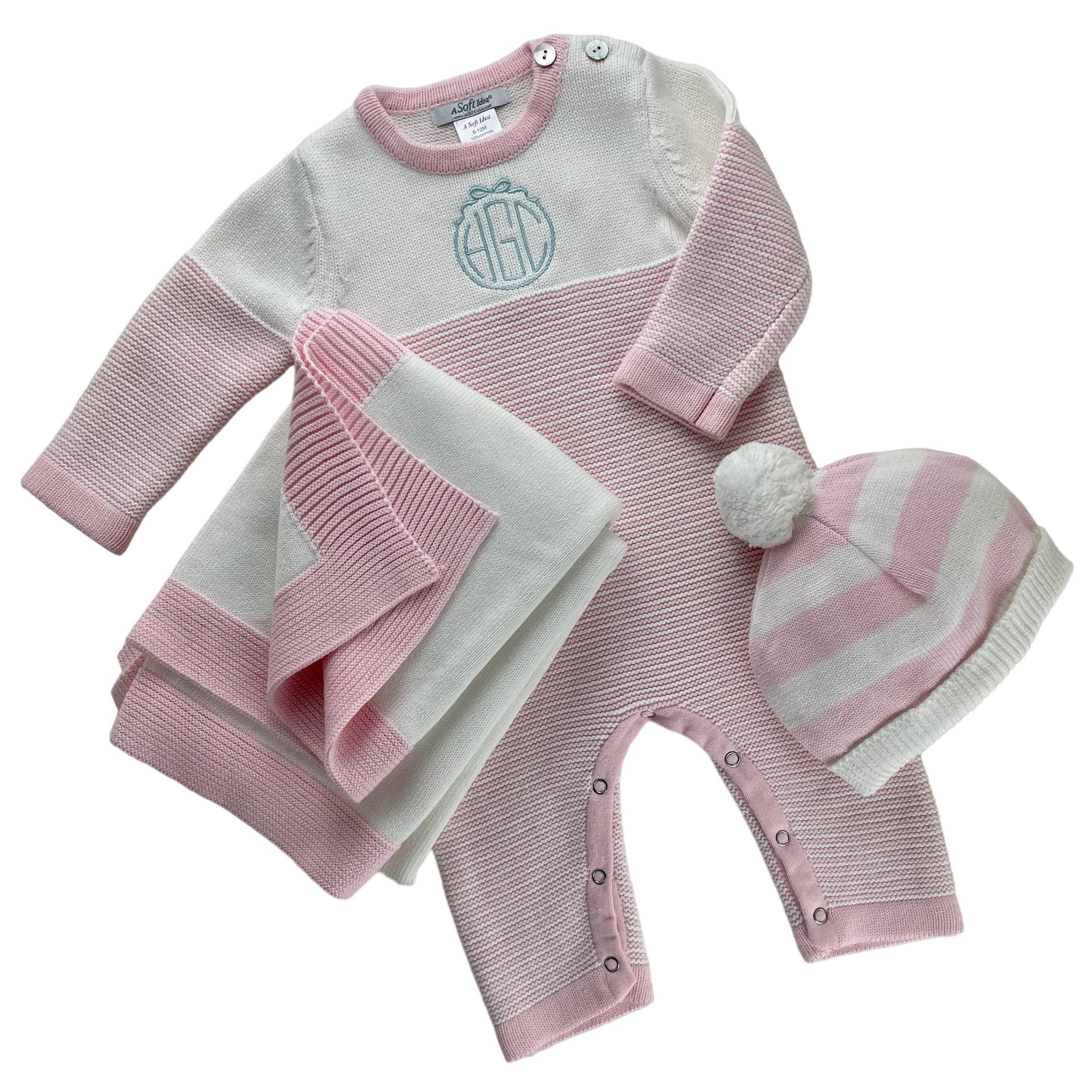 Seed Stitch Striped Cotton Onesie: Cream/Pink