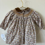 Floral Smocked Bishop with Velvet Collar- Gold