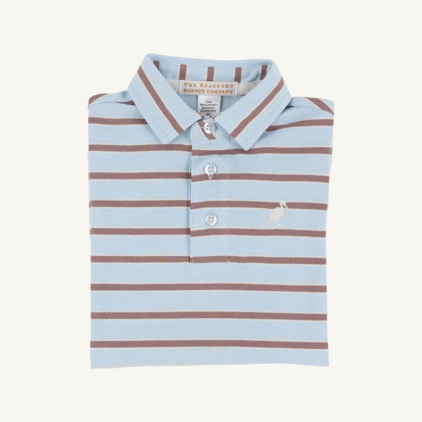 Prim and Proper Polo - Buckhead Blue, Palmetto Pearl, & Gray Bay Brown Stripe with Palmetto Pearl Stork