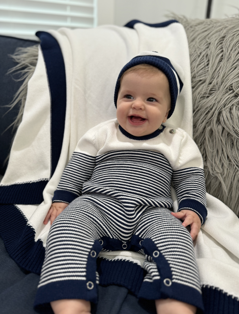 Seed Stitch Striped Cotton Onesie: Cream/Navy