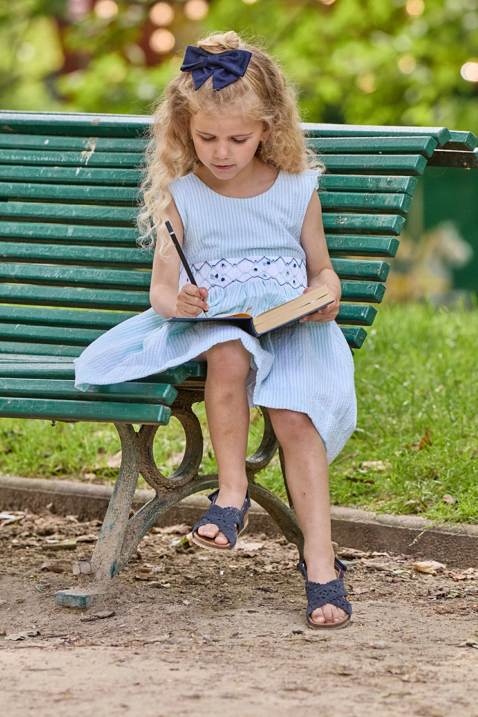 Begonia Smocked Dress - Aqua Seersucker