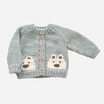 Bear Cardigan, Bowie Grey Baby Kid Sweater Fall Spring Wood: NB; 3-6M