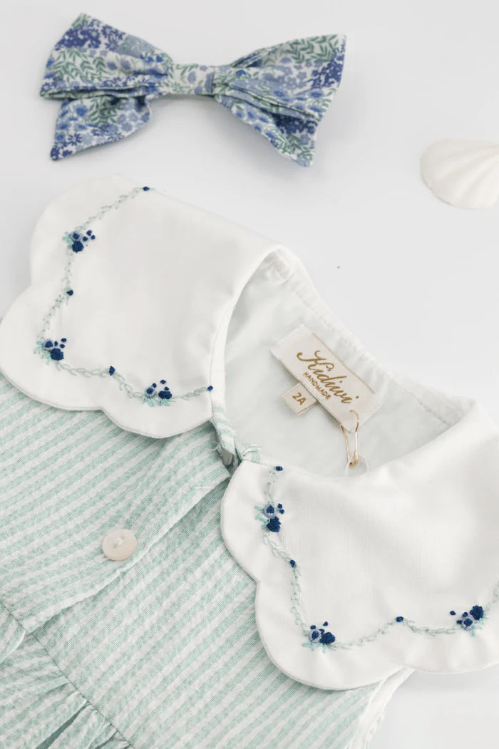 Colette Embroidered Dress - Aqua Seersucker