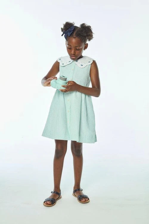 Colette Embroidered Dress - Aqua Seersucker