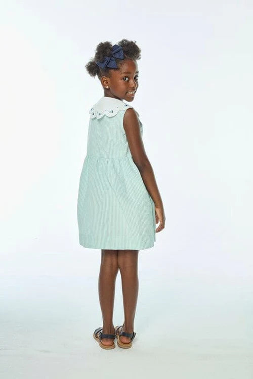 Colette Embroidered Dress - Aqua Seersucker