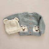 Bear Cardigan, Bowie Grey Baby Kid Sweater Fall Spring Wood: NB; 3-6M