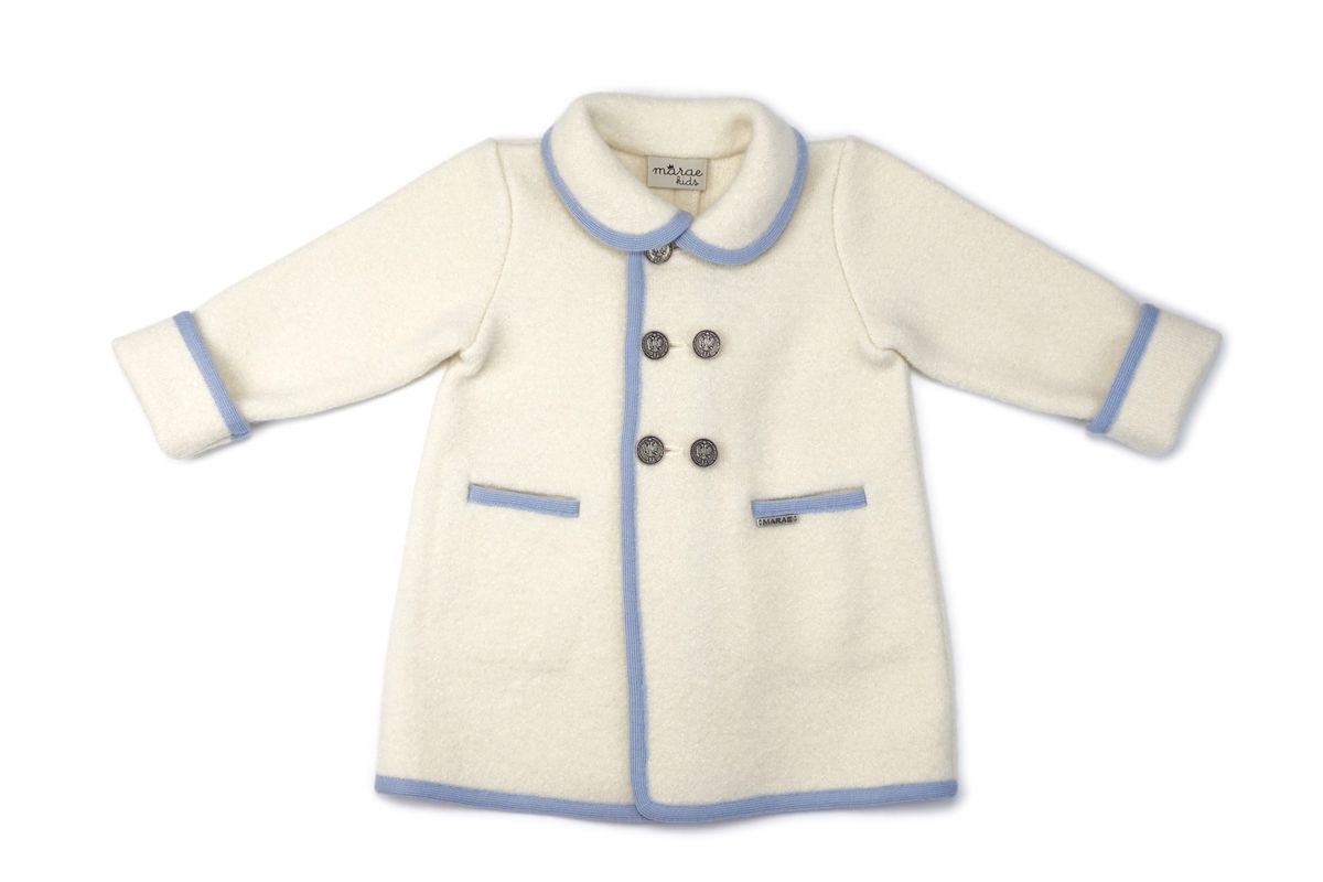 Double Breasted Coat - Cream with Light Blue Piping