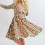 3/4 Sleeve Twirl Dress in Crimson Flora Collared