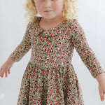 3/4 Sleeve Twirl Dress in Crimson Flora Collared