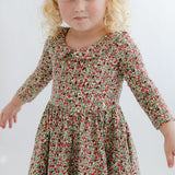 3/4 Sleeve Twirl Dress in Crimson Flora Collared