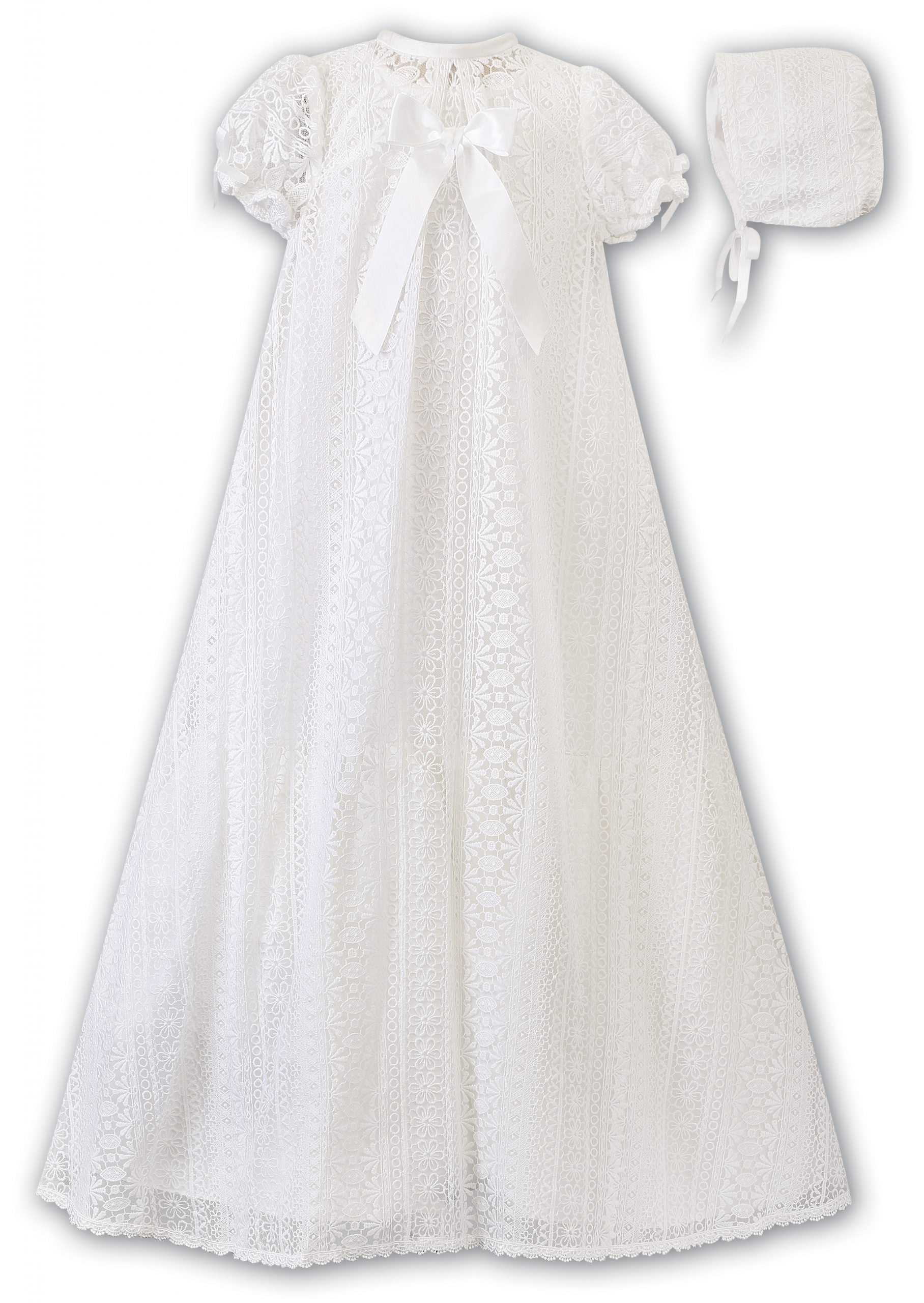 Sarah Louise Lace Overlay Christening Gown with Bonnet 001129