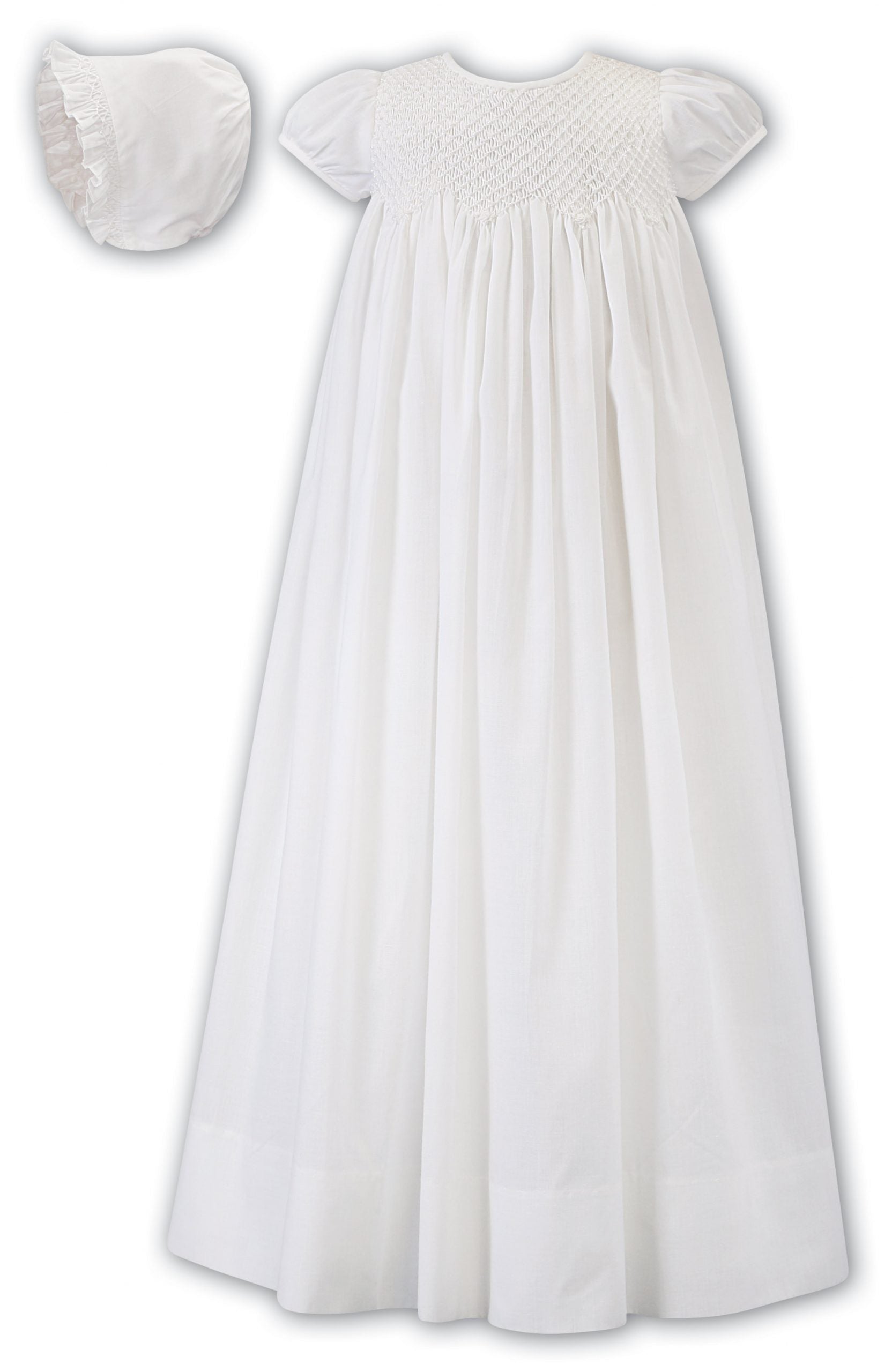 Smocked Christening Gown with Pearl Detail and Matching Bonnet