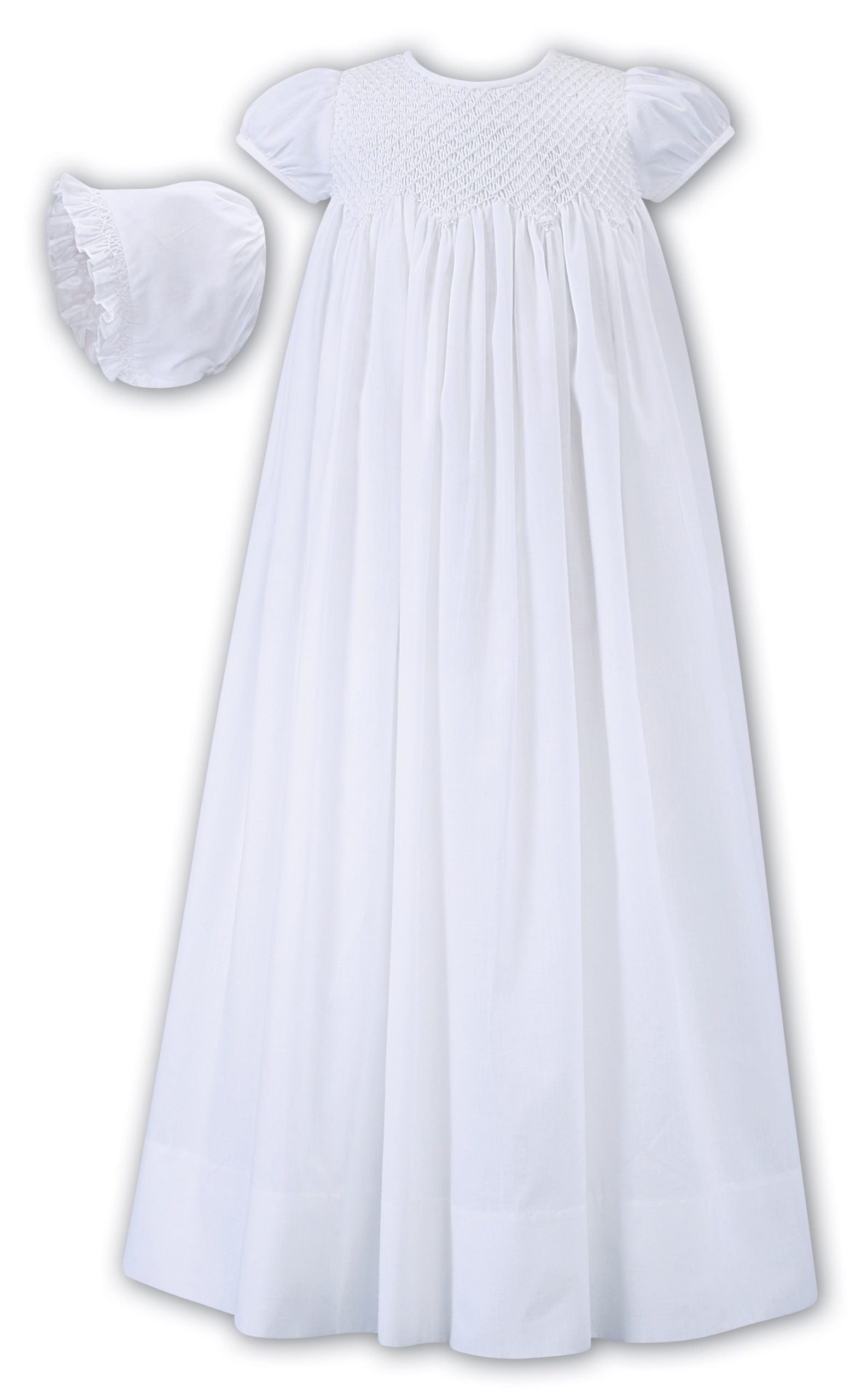 Smocked Christening Gown with Pearl Detail and Matching Bonnet