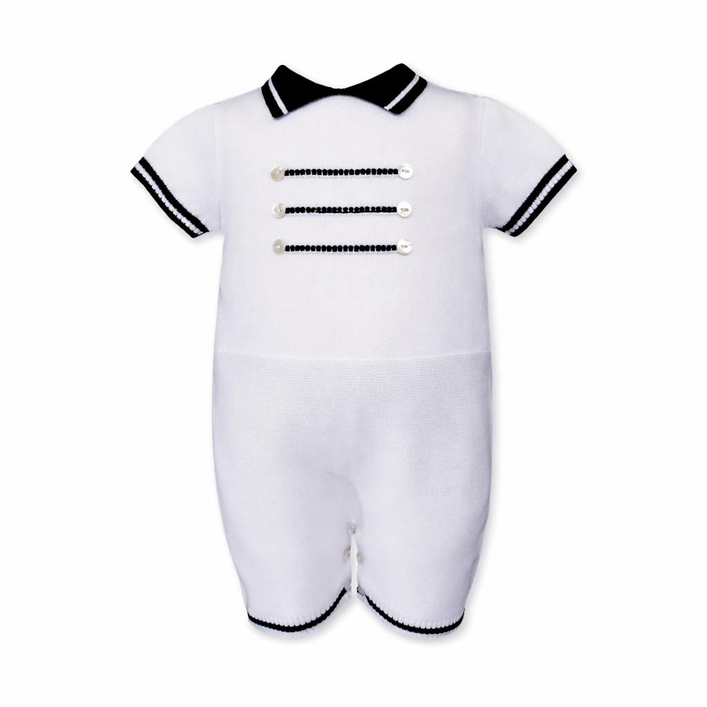 Sarah Louise One Piece Knit Romper in White and Navy Blue - 008245