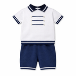 Sarah Louise Two Piece Knit Set in White and Navy Blue - 008246