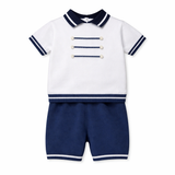 Sarah Louise Two Piece Knit Set in White and Navy Blue - 008246