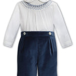 Boys 2 Piece Velvet Short and Smocked Shirt Set Blue