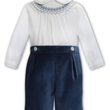 Boys 2 Piece Velvet Short and Smocked Shirt Set Blue