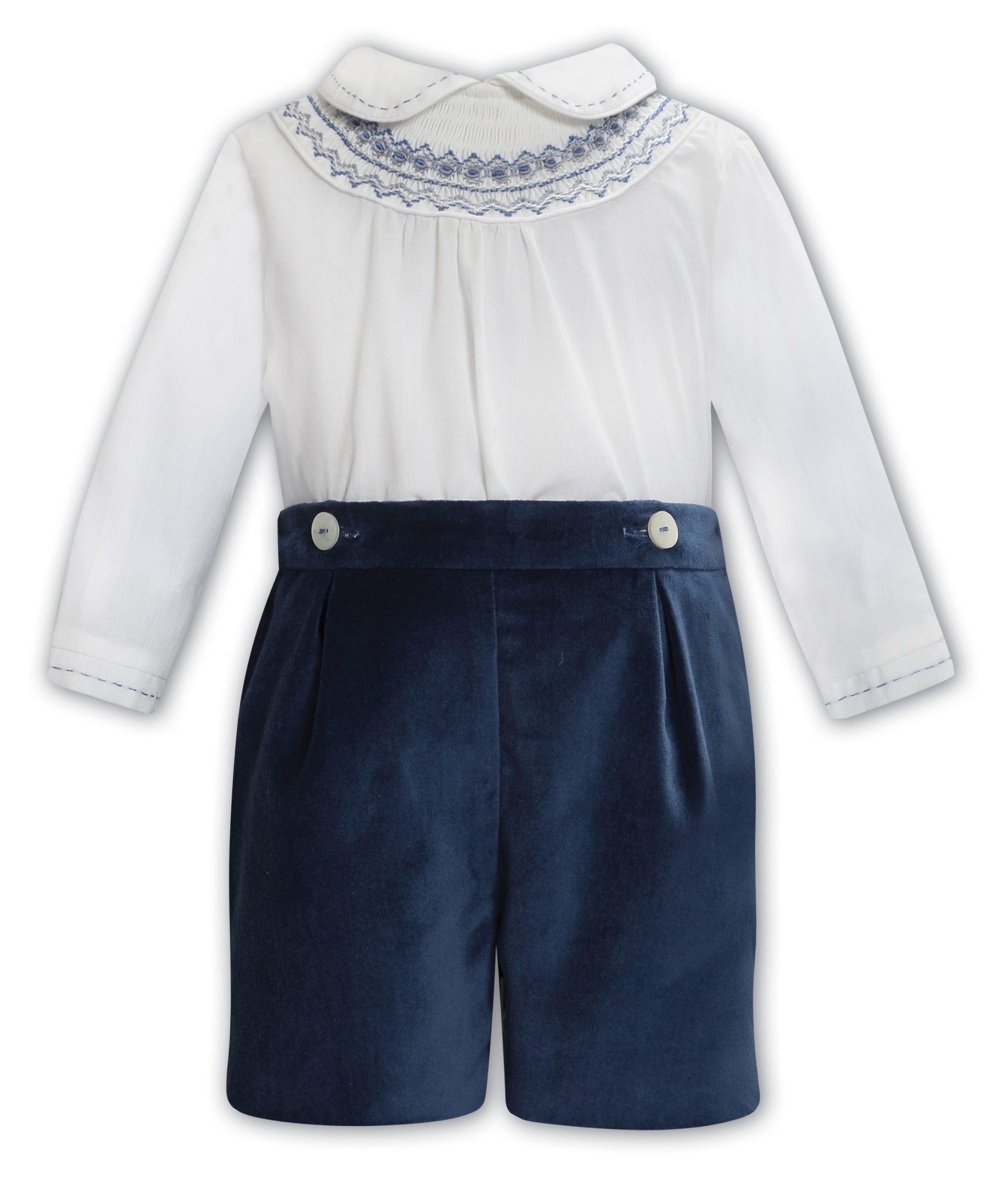 Boys 2 Piece Velvet Short and Smocked Shirt Set Blue