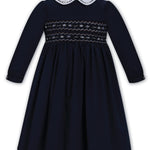 Sarah Louise navy long sleeve girls' dress with hand smocking
