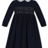 Sarah Louise navy long sleeve girls' dress with hand smocking
