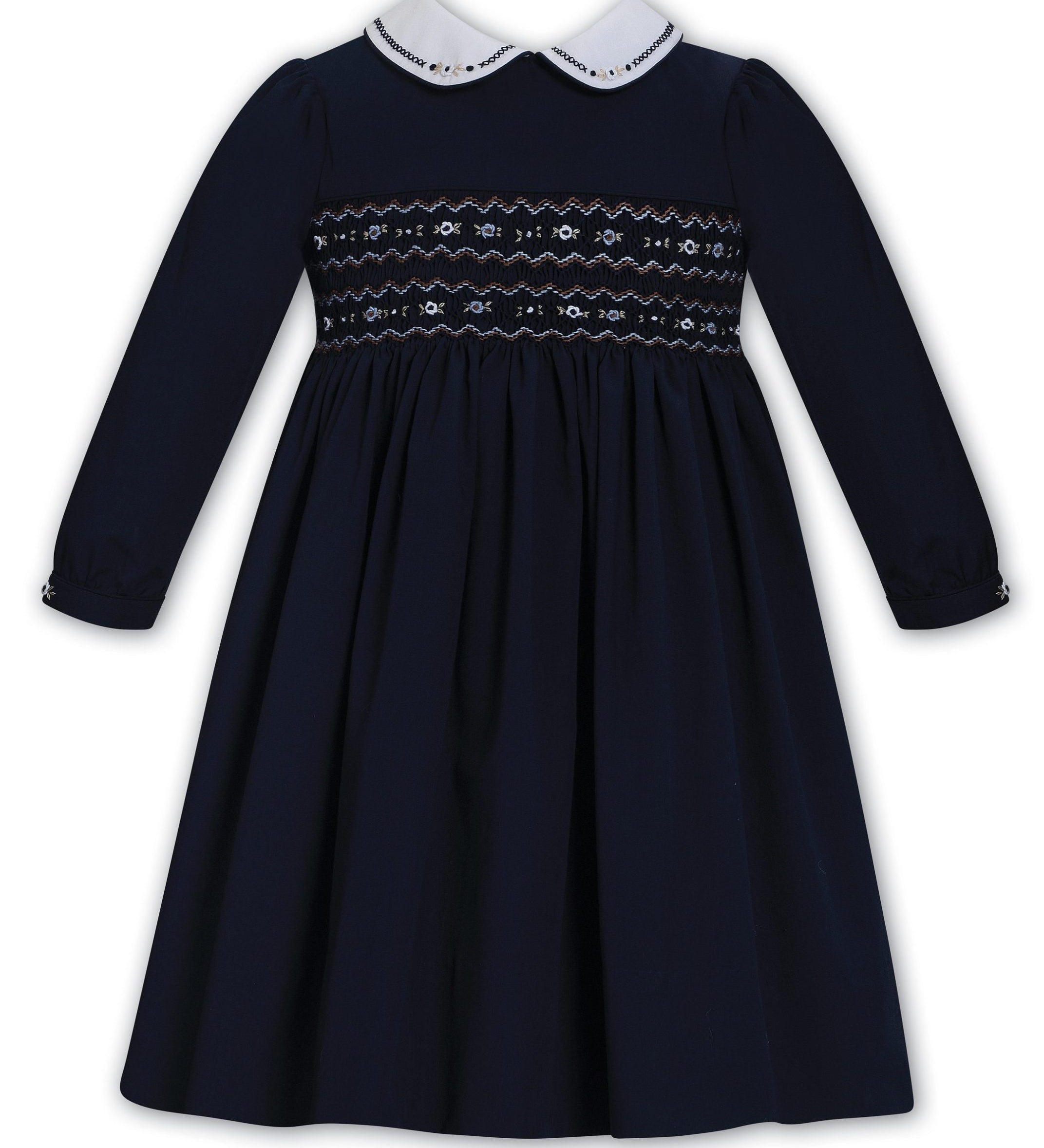 Sarah Louise navy long sleeve girls' dress with hand smocking