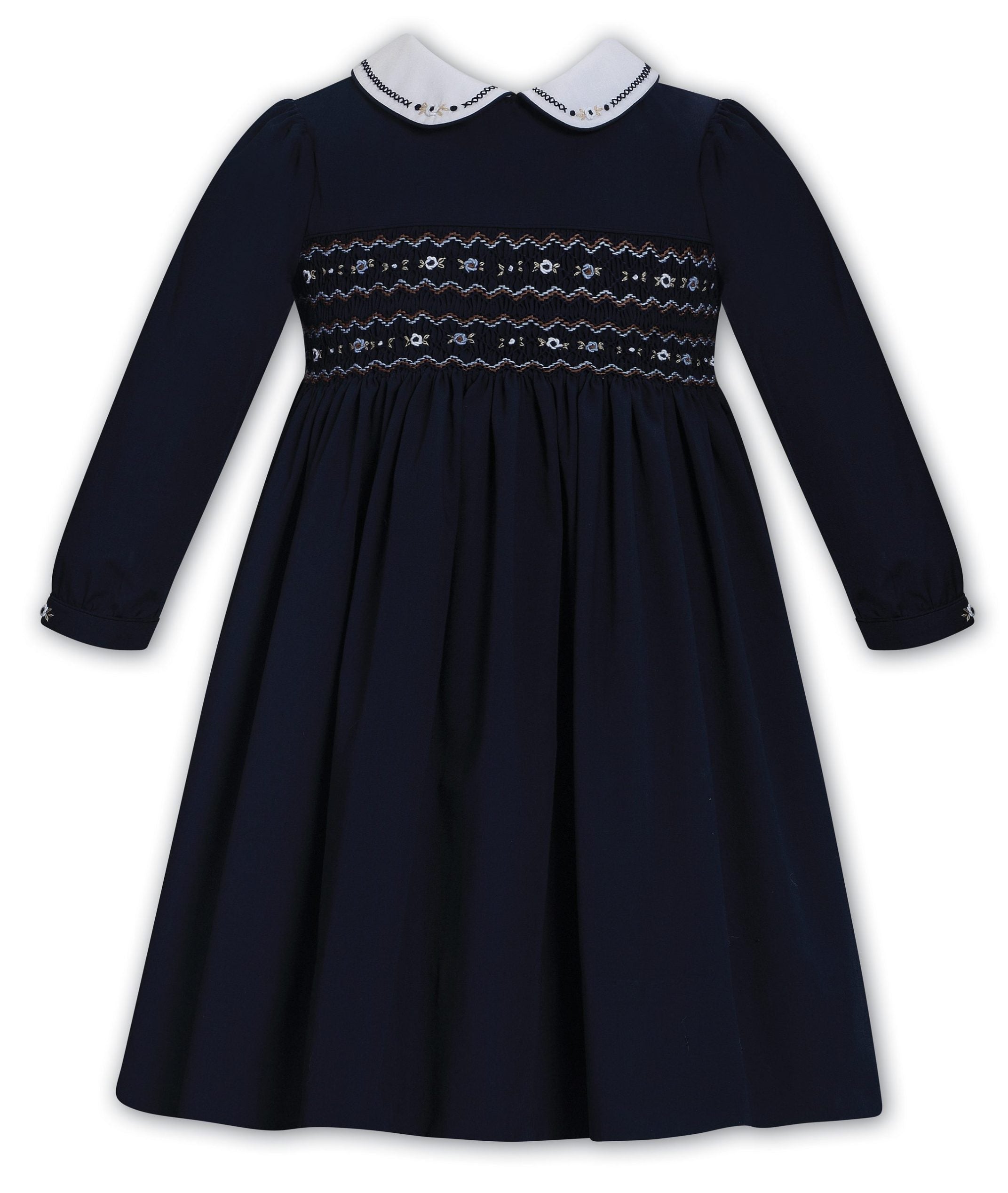 Sarah Louise navy long sleeve girls' dress with hand smocking