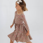 3/4 Sleeve Twirl Dress in Crimson Flora: Crimson Flora
