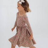 3/4 Sleeve Twirl Dress in Crimson Flora: Crimson Flora