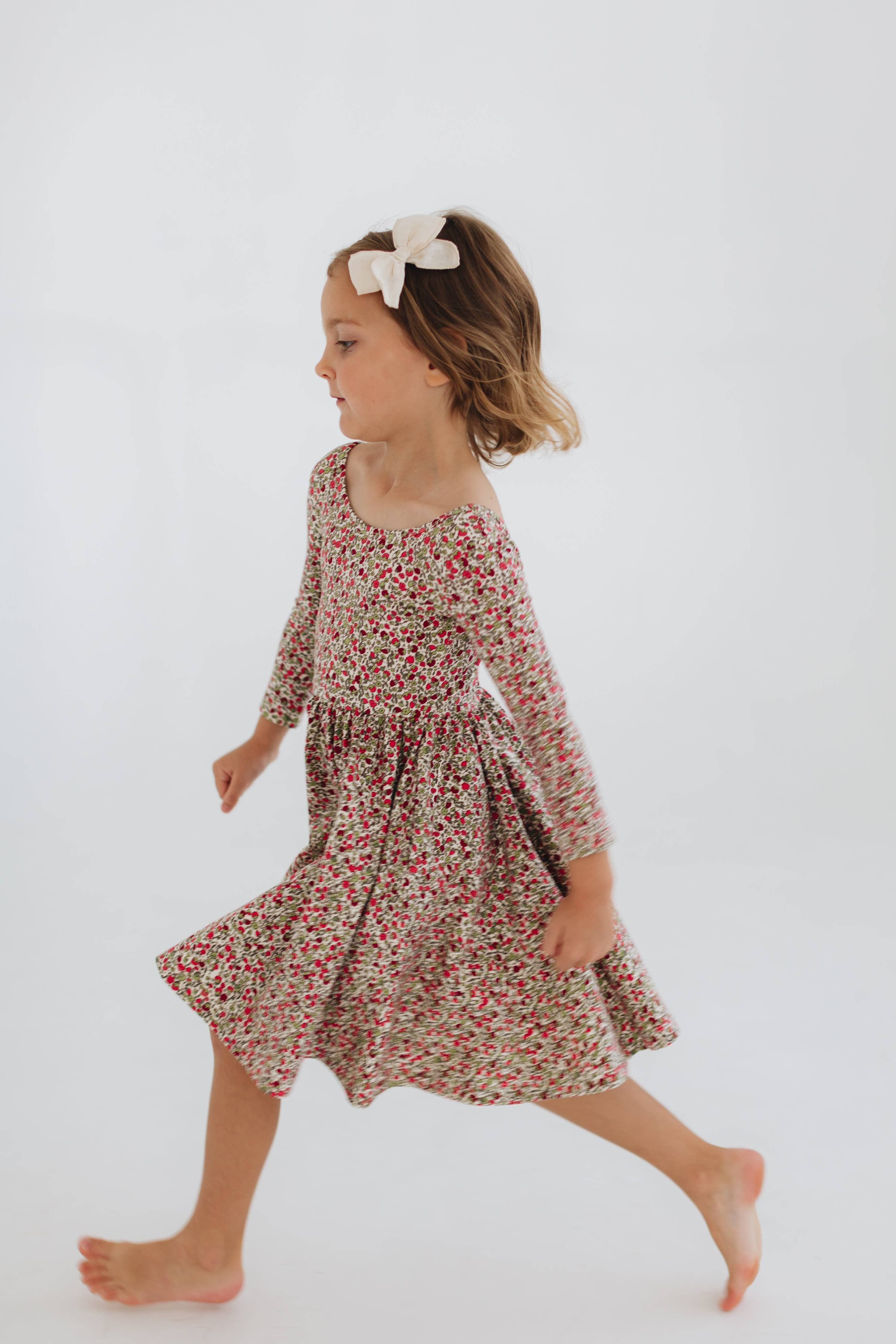 3/4 Sleeve Twirl Dress in Crimson Flora: Crimson Flora