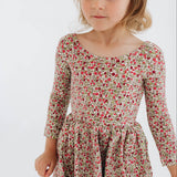 3/4 Sleeve Twirl Dress in Crimson Flora: Crimson Flora