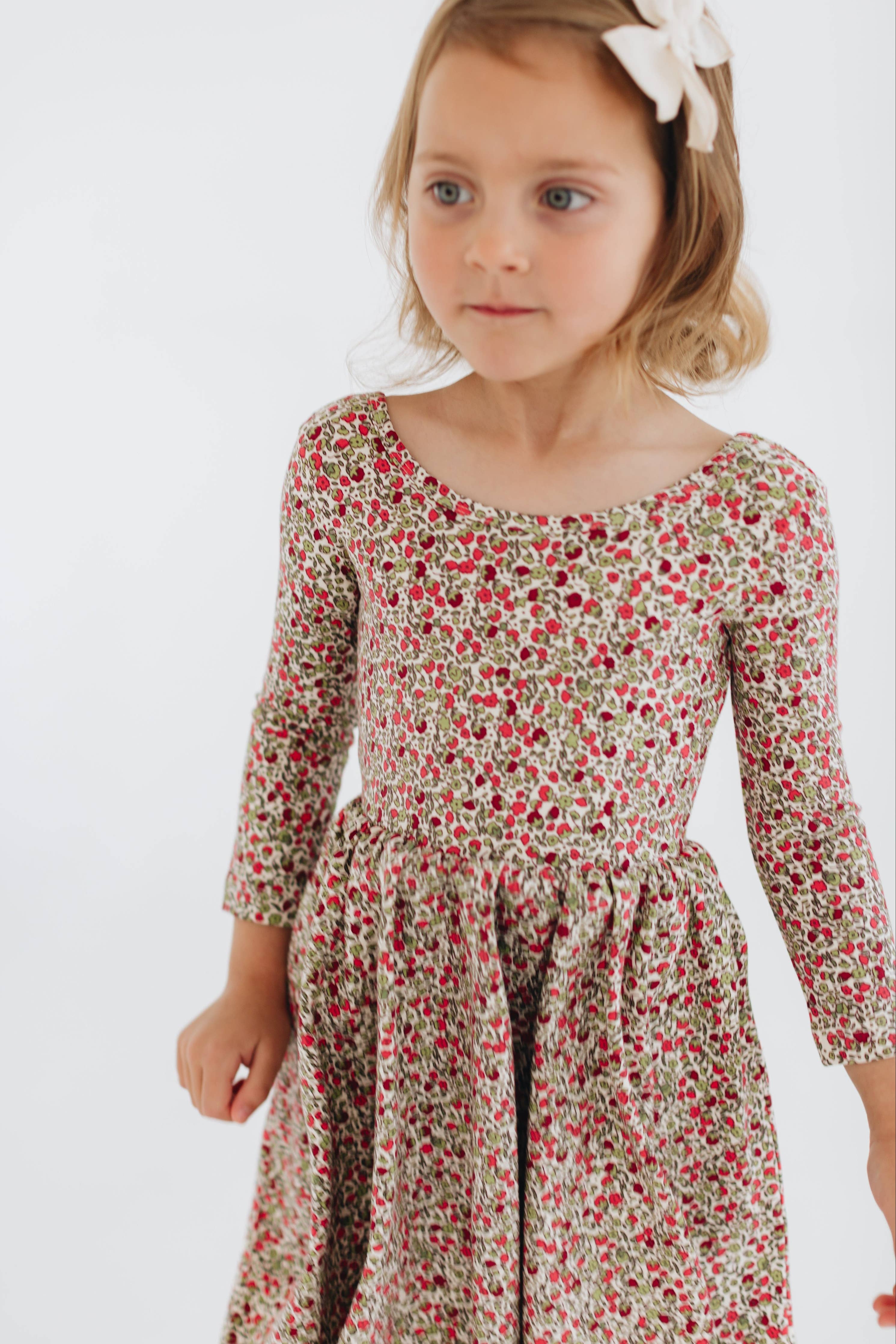 3/4 Sleeve Twirl Dress in Crimson Flora: Crimson Flora