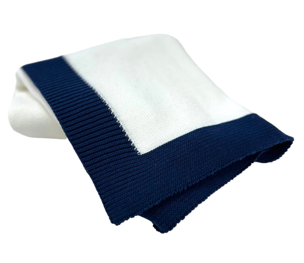 Jersey Knit Blanket with Contrast Rib Border: Cream/Navy