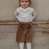 Boys 2 Piece Velvet Short and Smocked Shirt Set Gold