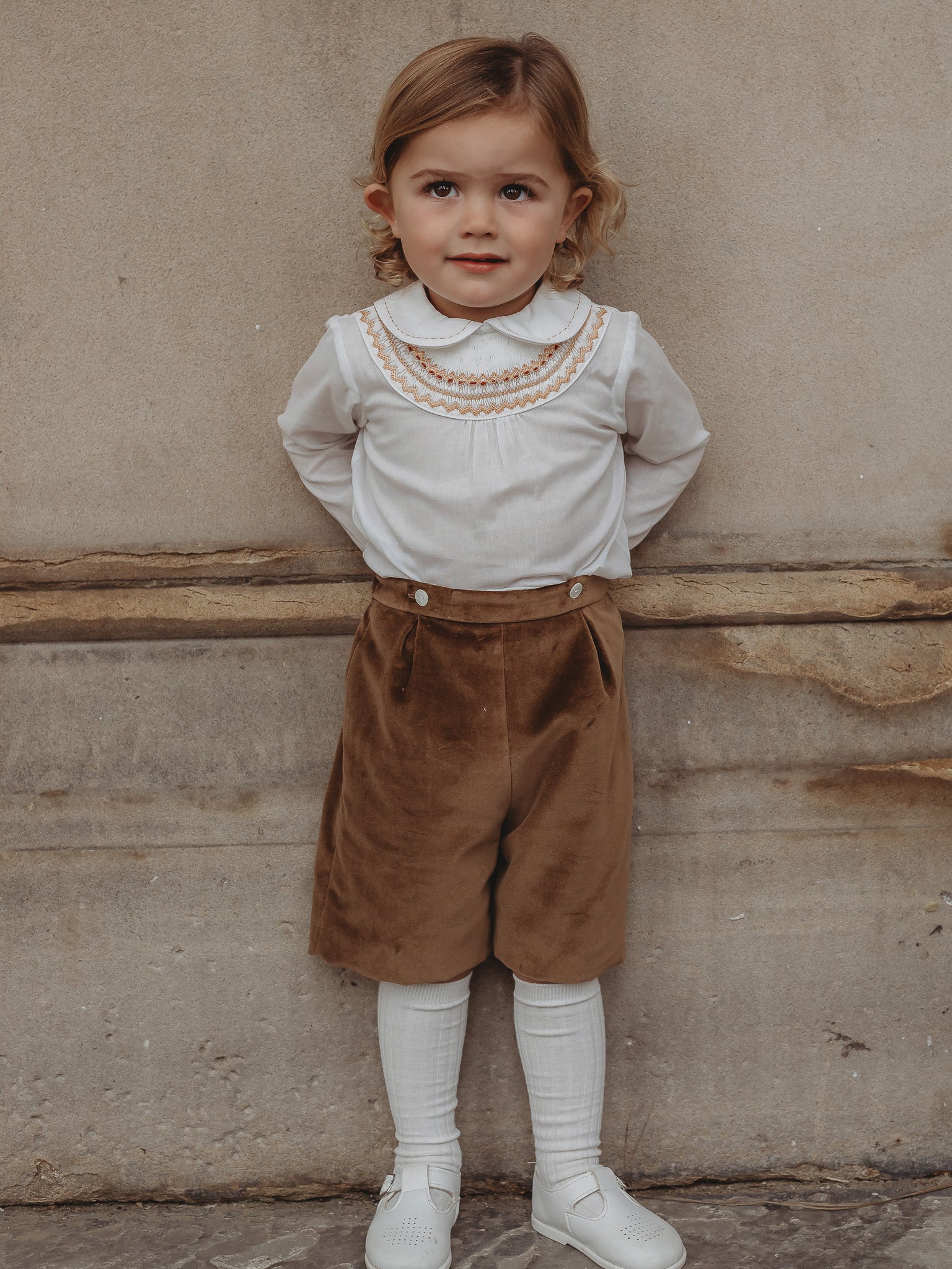 Boys 2 Piece Velvet Short and Smocked Shirt Set Gold