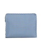 Rodeo Check Indigo Roadie pouch shown open, revealing the poly twill lining and interior slip pocket