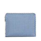 Rodeo Check Indigo Roadie pouch shown open, revealing the poly twill lining and interior slip pocket