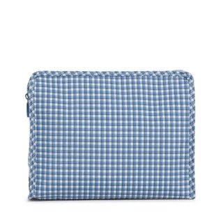 Rodeo Check Indigo Roadie pouch shown open, revealing the poly twill lining and interior slip pocket
