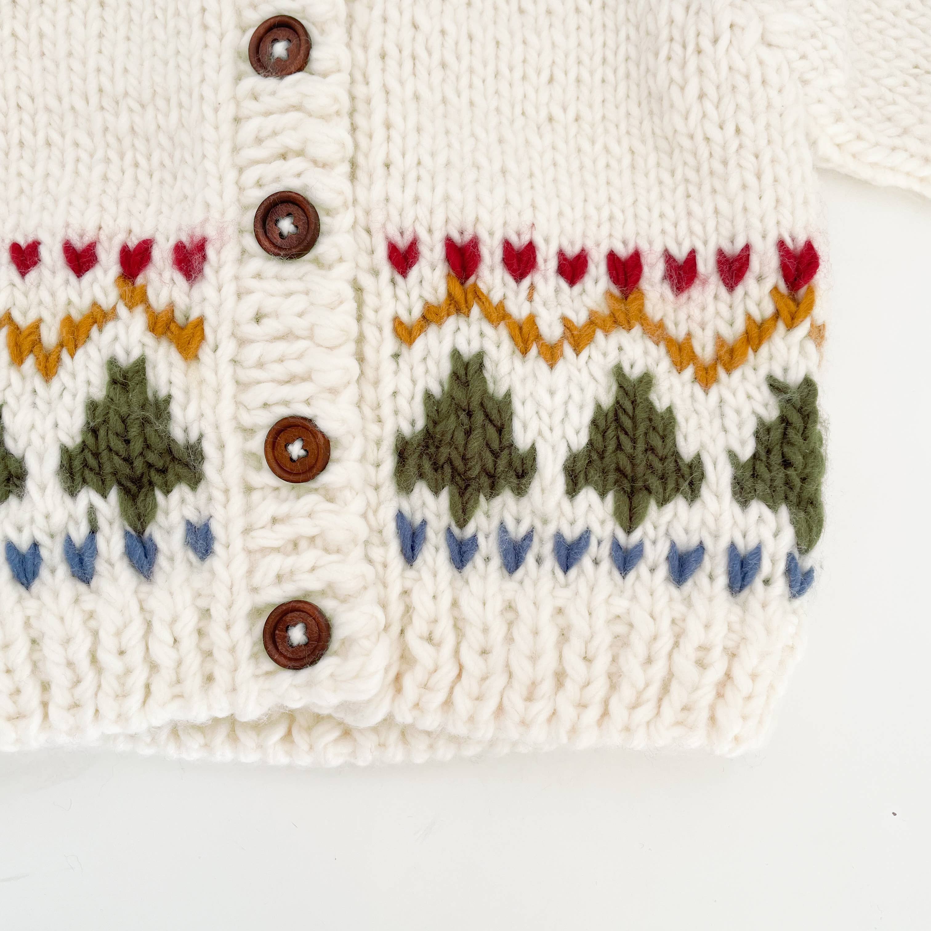 Tree Fair Isle Cardigan in red, mustard, olive and dusty blue