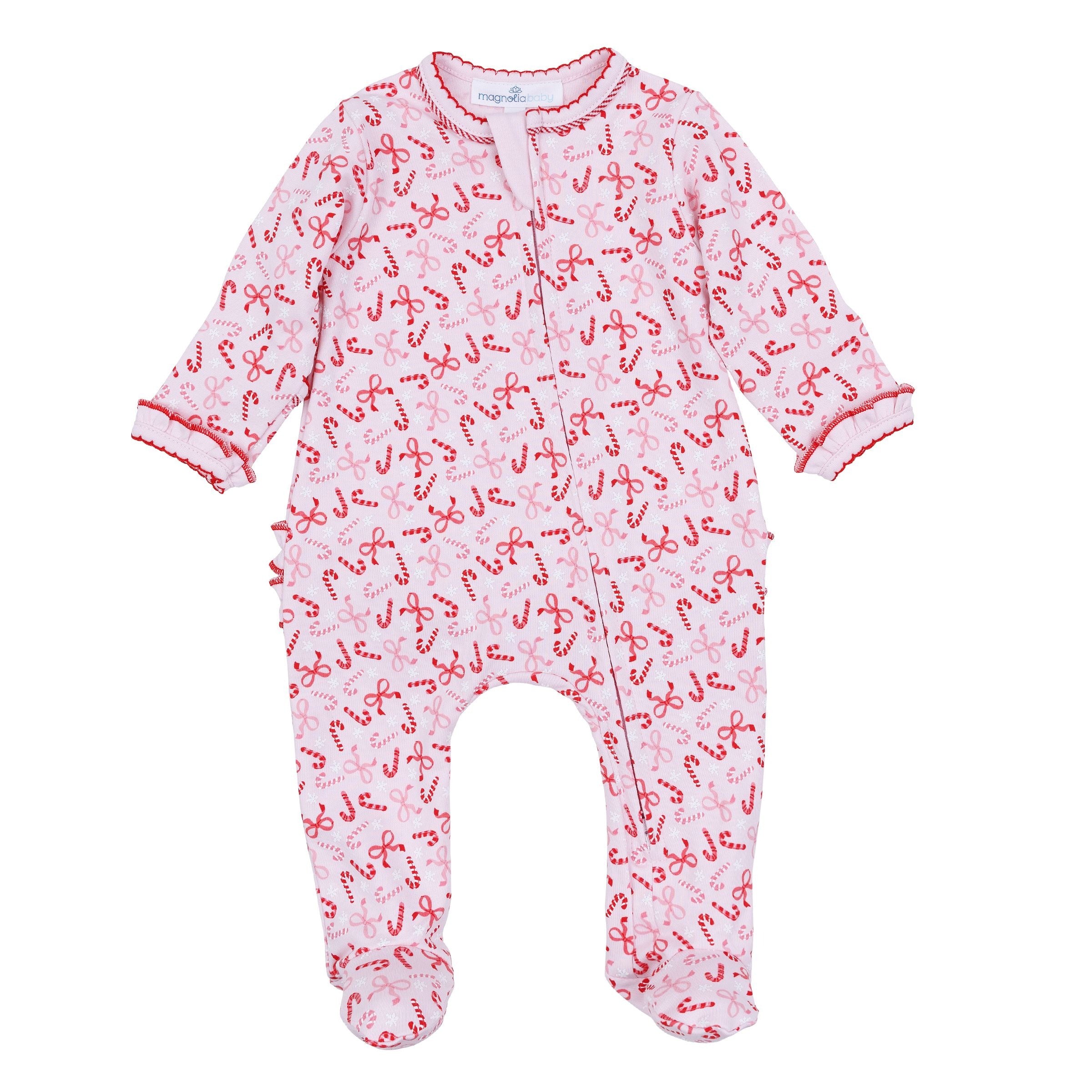 Candy Cane Lane Red Printed Ruffle Zipper Footie