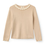 Copenhagen Colors LS Blouse with Deco Neck in Beige Comb — long sleeve knit blouse with decorative neckline for girls