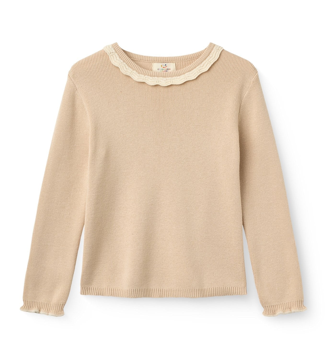 Copenhagen Colors LS Blouse with Deco Neck in Beige Comb — long sleeve knit blouse with decorative neckline for girls