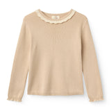 Copenhagen Colors LS Blouse with Deco Neck in Beige Comb — long sleeve knit blouse with decorative neckline for girls