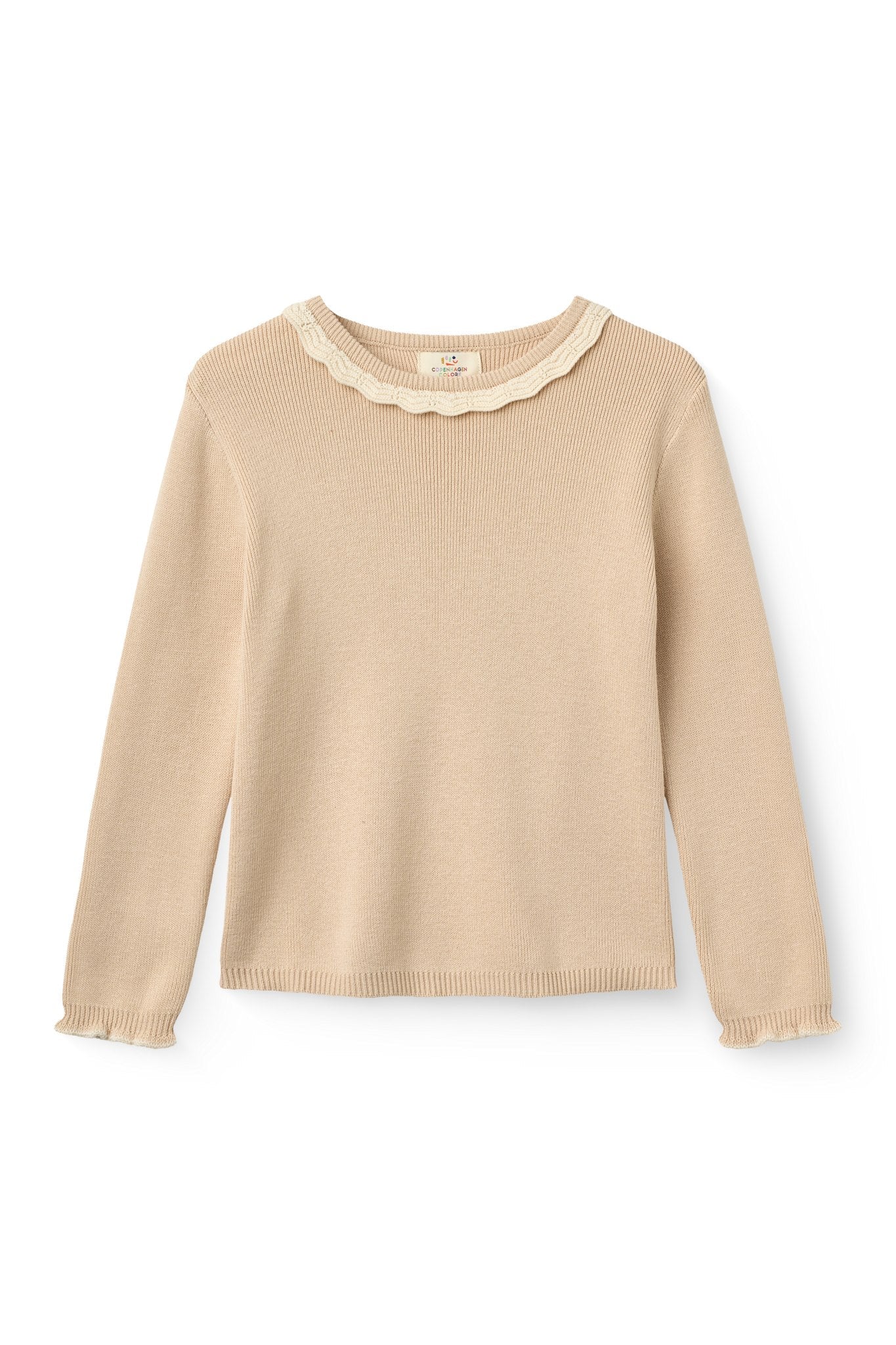 Copenhagen Colors LS Blouse with Deco Neck in Beige Comb — long sleeve knit blouse with decorative neckline for girls