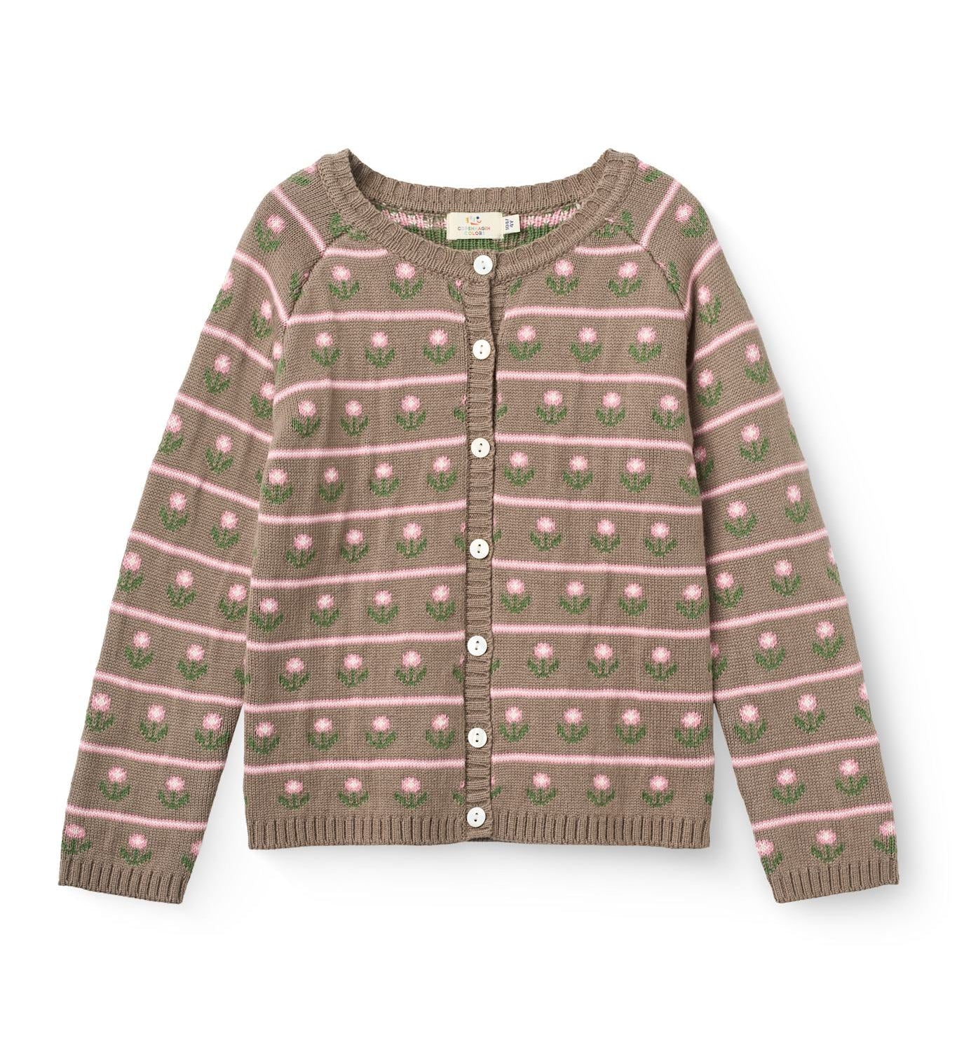 Copenhagen Colors Knitted Flower Pattern Cardigan in Walnut Flower — floral knit cardigan for kids