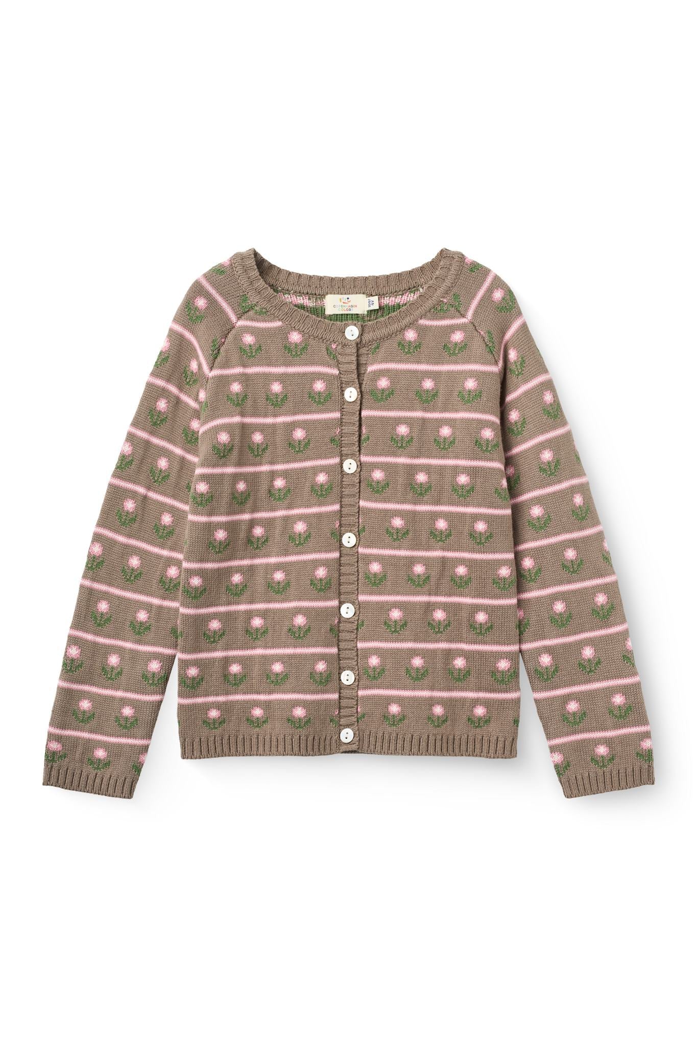 Copenhagen Colors Knitted Flower Pattern Cardigan in Walnut Flower — floral knit cardigan for kids