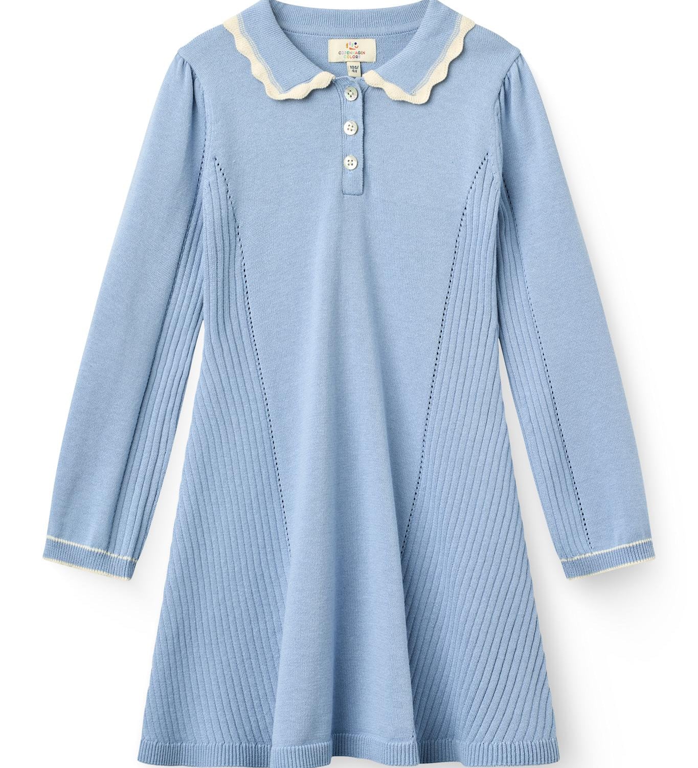 Copenhagen Colors Long Sleeve Knitted Peplum Dress in Endless Blue Comb — knit peplum dress for girls